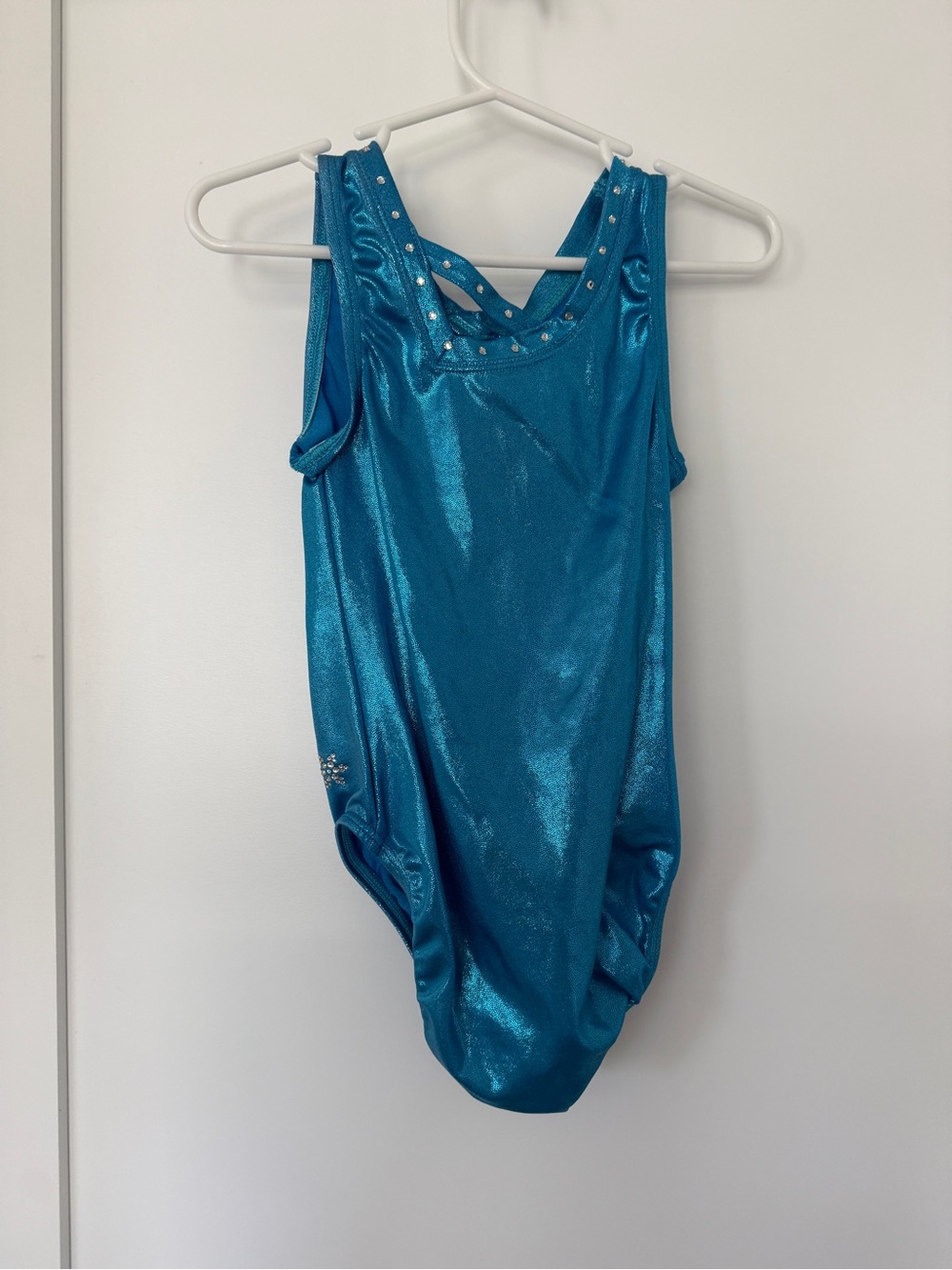 Girls Shiny Teal Dance Leotard with Rhinestone Trim